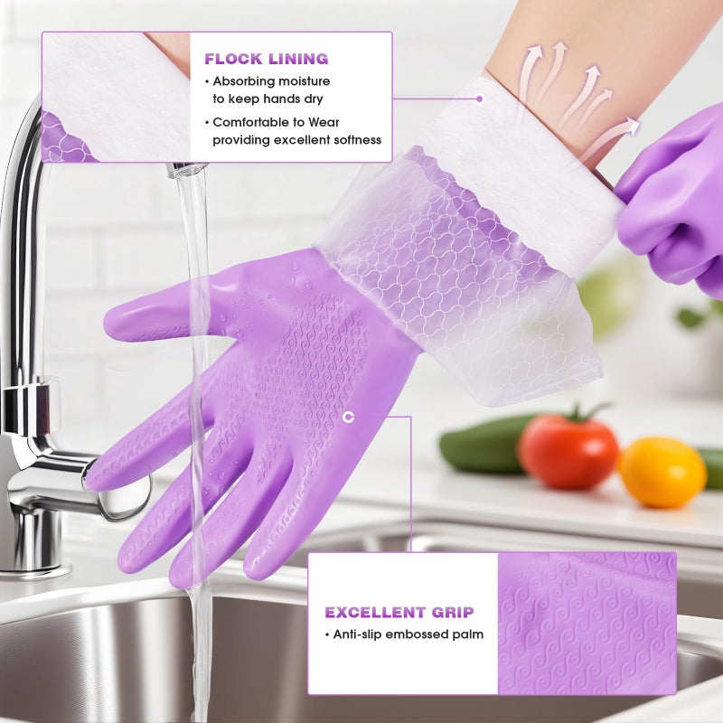 Elgood Reusable Long Dishwashing Cleaning Gloves with Latex Free, Long Cuff,Cotton Lining,Kitchen Gloves 2 Pairs,Purple+Blue Medium - Image 2